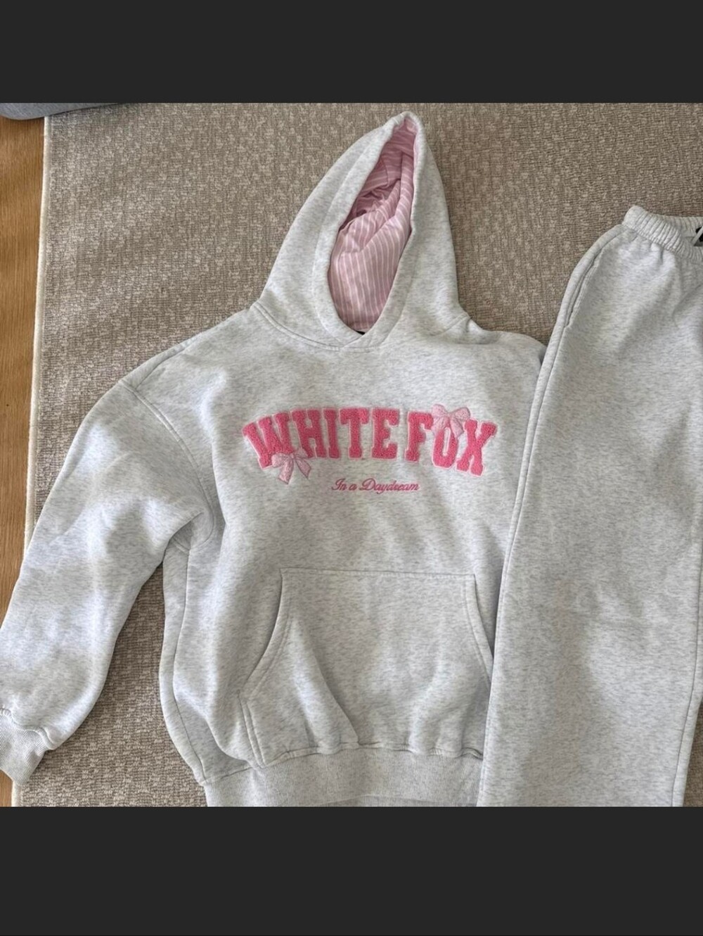 White Fox Set Pink-Accent Gray Hoodie - Women